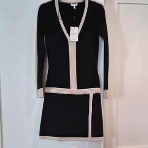 Reiss Black Dress with Cream Trim Long Sleeve V-Neck Knit